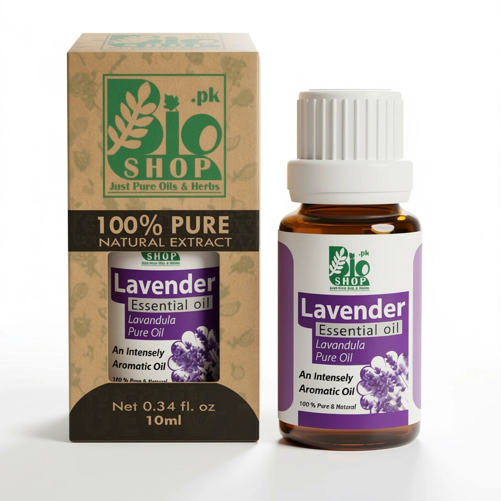 Lavender essential oil bottle and packaging with 'Bio Shop' branding on a white background