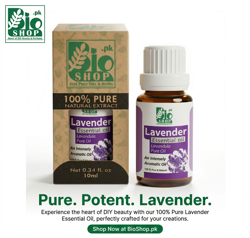 Lavender essential oil bottle and packaging with BioShop branding on a white background