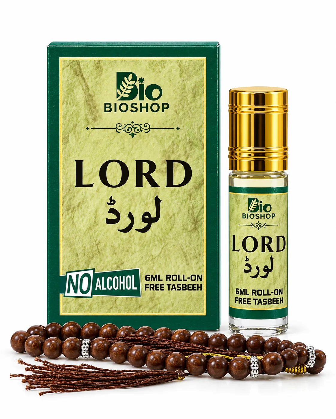 Bio Shop Lord Attar 6ml at Bio Shop™ Pakistan. Alcohol-free roll-on perfume oil in elegant green packaging, with a gold-cap bottle and free tasbeeh.