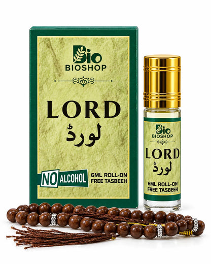 Bio Shop Lord Attar 6ml at Bio Shop™ Pakistan. Alcohol-free roll-on perfume oil in elegant green packaging, with a gold-cap bottle and free tasbeeh.