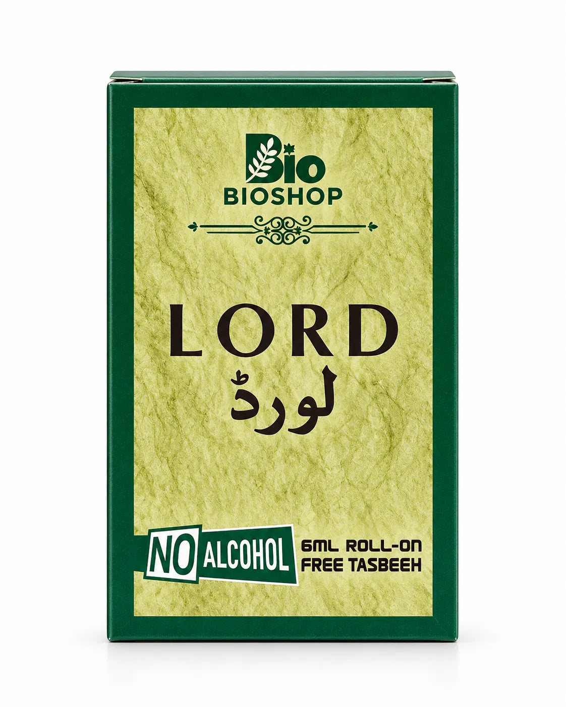 Lord attar 6ml gift set featuring green textured packaging, matching roll-on bottle and wooden-style prayer beads.