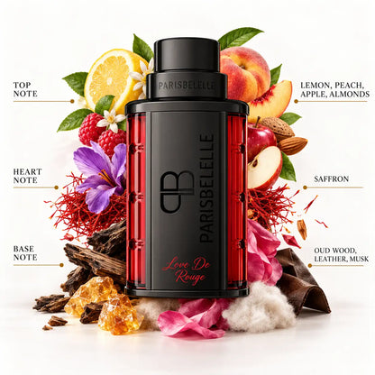 Parisbelle Love De Rouge black gunmetal perfume bottle with red side panels