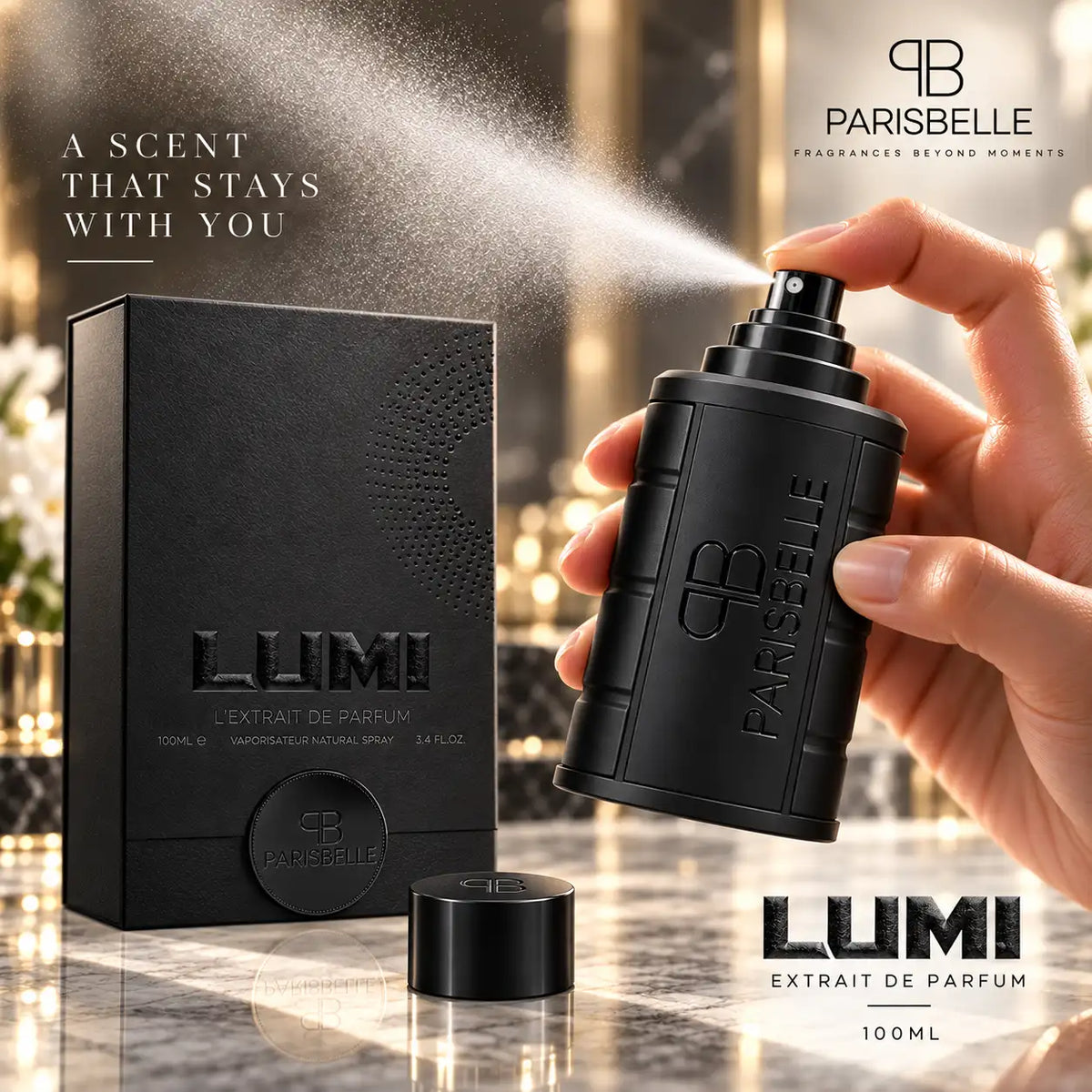 Parisbelle Lumi 100ml premium fragrance with black packaging
