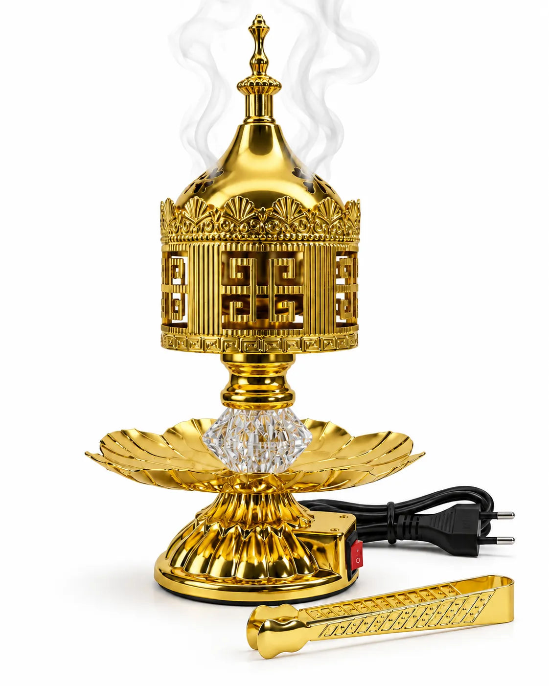 Luxury golden electric bakhoor burner with decorative crown lid, crystal-style column and power cable on white background.