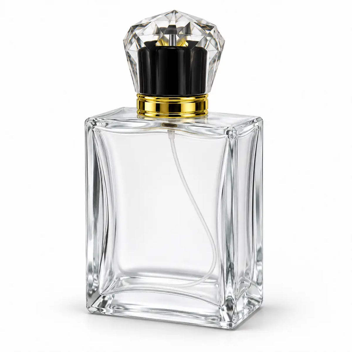 100ml clear glass crimping perfume bottle with golden Crown Crystal Cap and gold spray pump