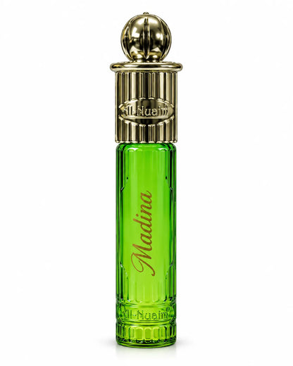 Al-Nuaim Madina 6ml roll-on attar in a green glass bottle with an ornate gold-coloured cap on a white background.