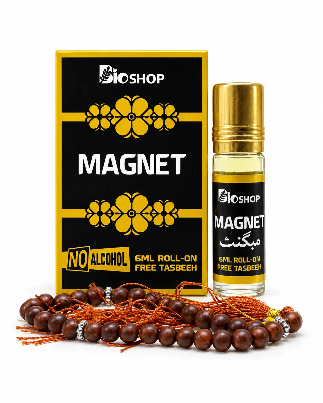Bio Shop Magnet 6ml roll-on attar with a gold-coloured cap, black-and-yellow box and brown tasbeeh with an orange tassel.