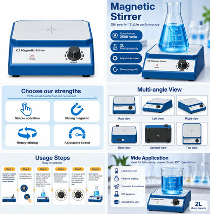 C2 magnetic stirrer mixing blue liquid in laboratory flask