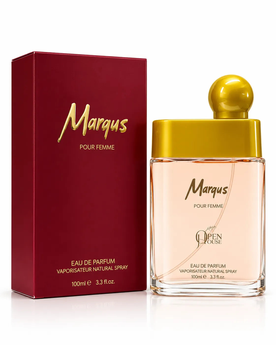  Marqus Pour Femme 100ml perfume with elegant burgundy Open House presentation box