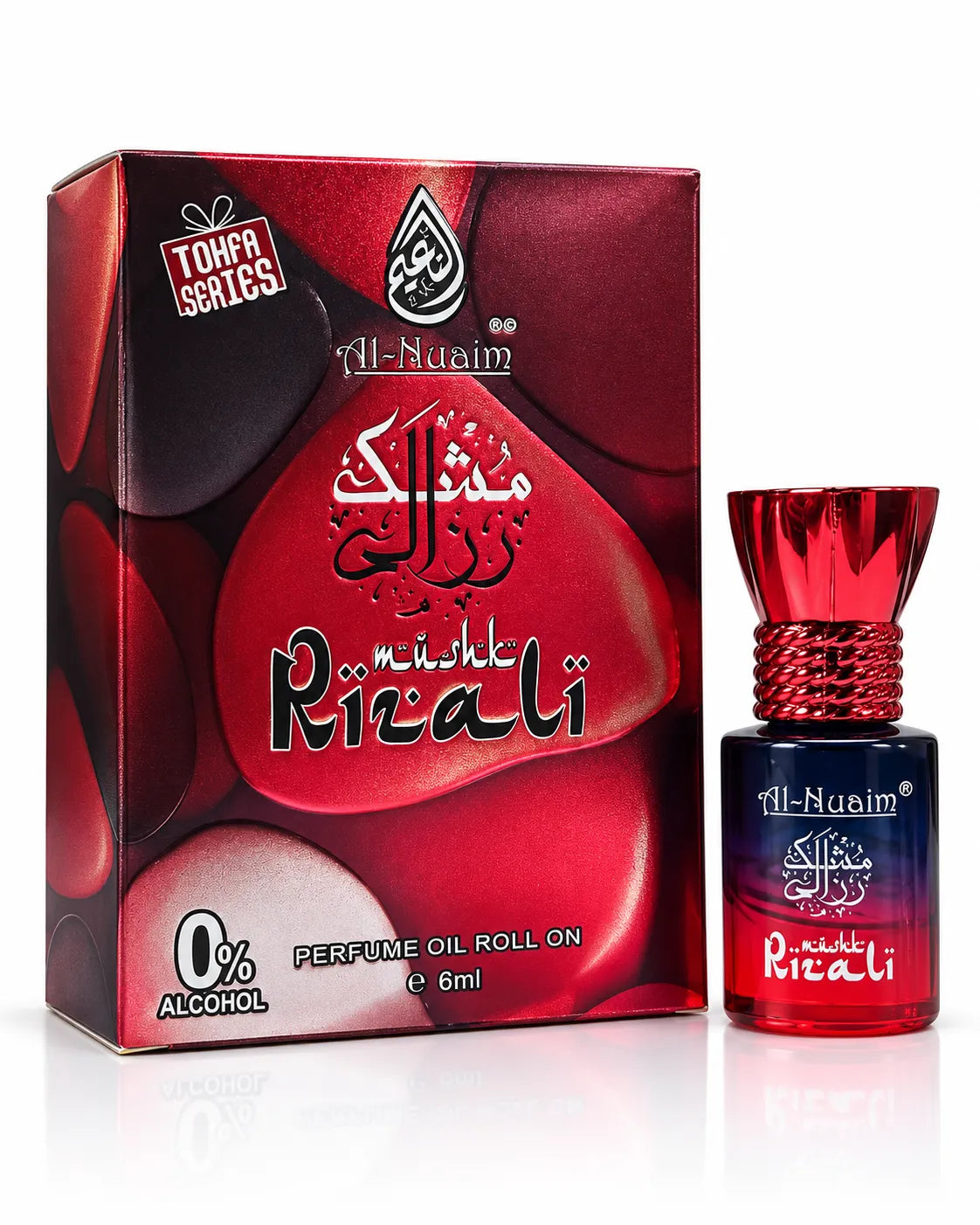 1. Mushk Rizali 6ml roll-on attar packaging featuring Arabic calligraphy and Al-Nuaim branding.