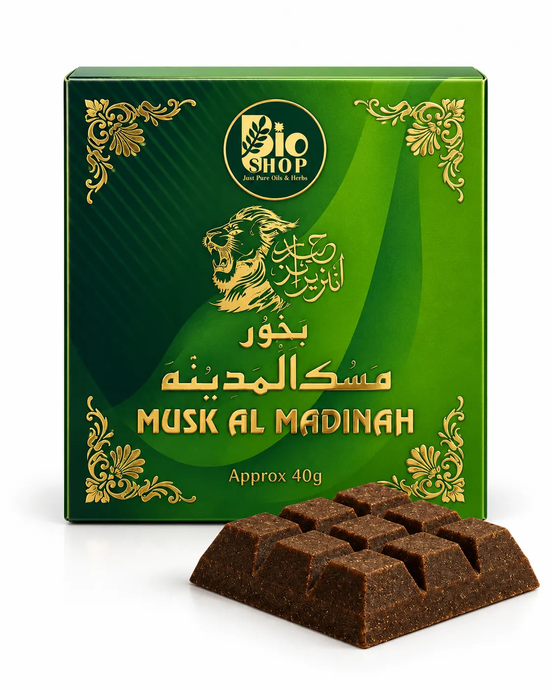 Bio Shop Musk Al Madinah Bakhoor 40g green box with incense blocks
Musk Al Madinah premium Arabic bakhoor 40g in Pakistan

