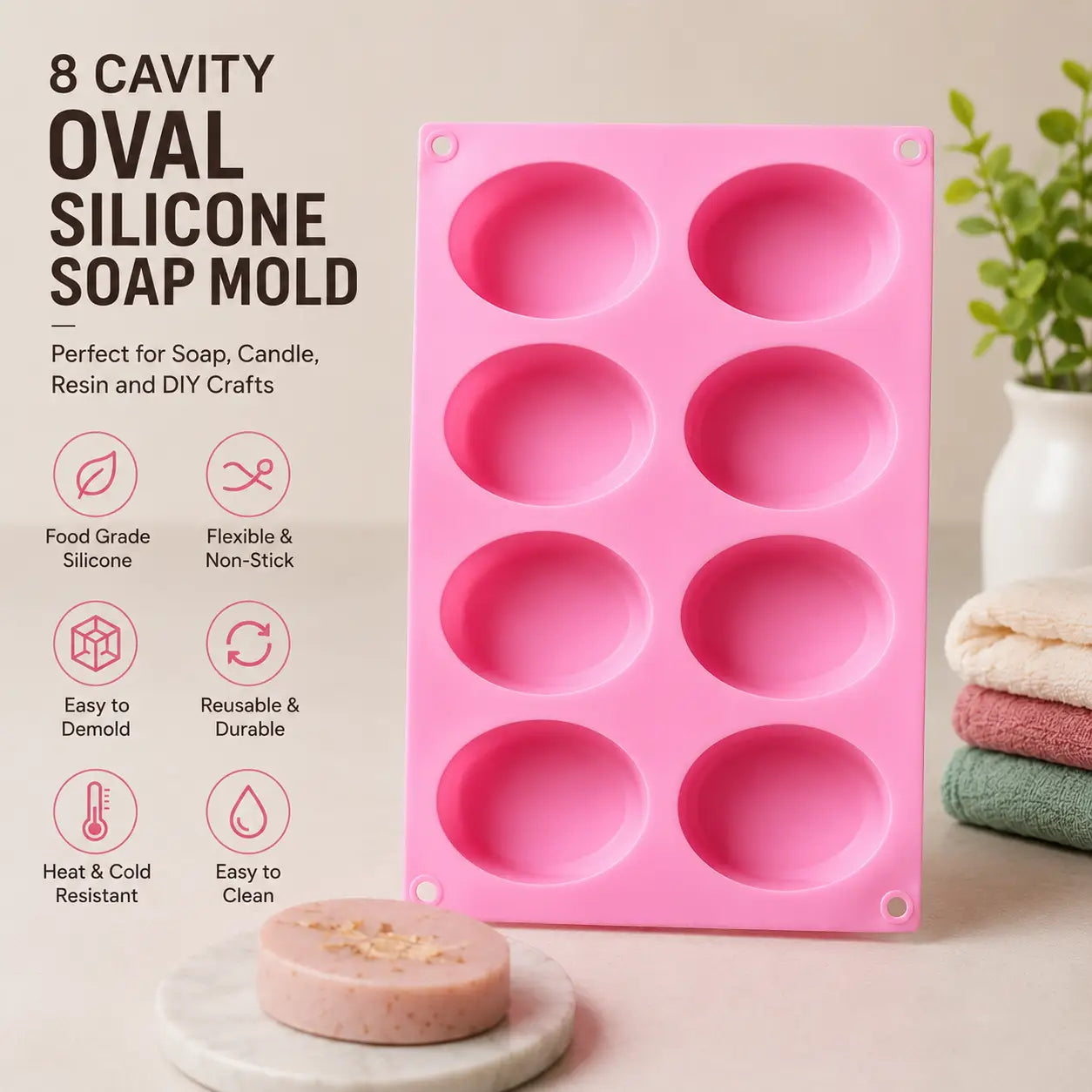 Pink silicone soap mold with eight oval cavities, shown on a light beige background with product features listed on the left and a small soap bar in front.