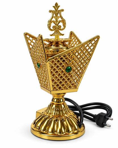 Golden electric bakhoor burner with green accents, flared lattice panels, black cord and an ornate removable lid displayed beside it.