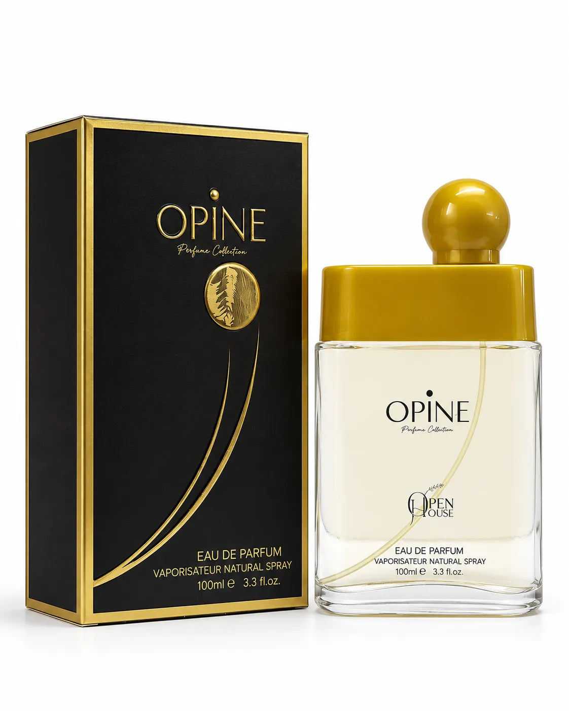 OPINE Perfume Collection 100ml Eau de Parfum bottle with golden cap on white background