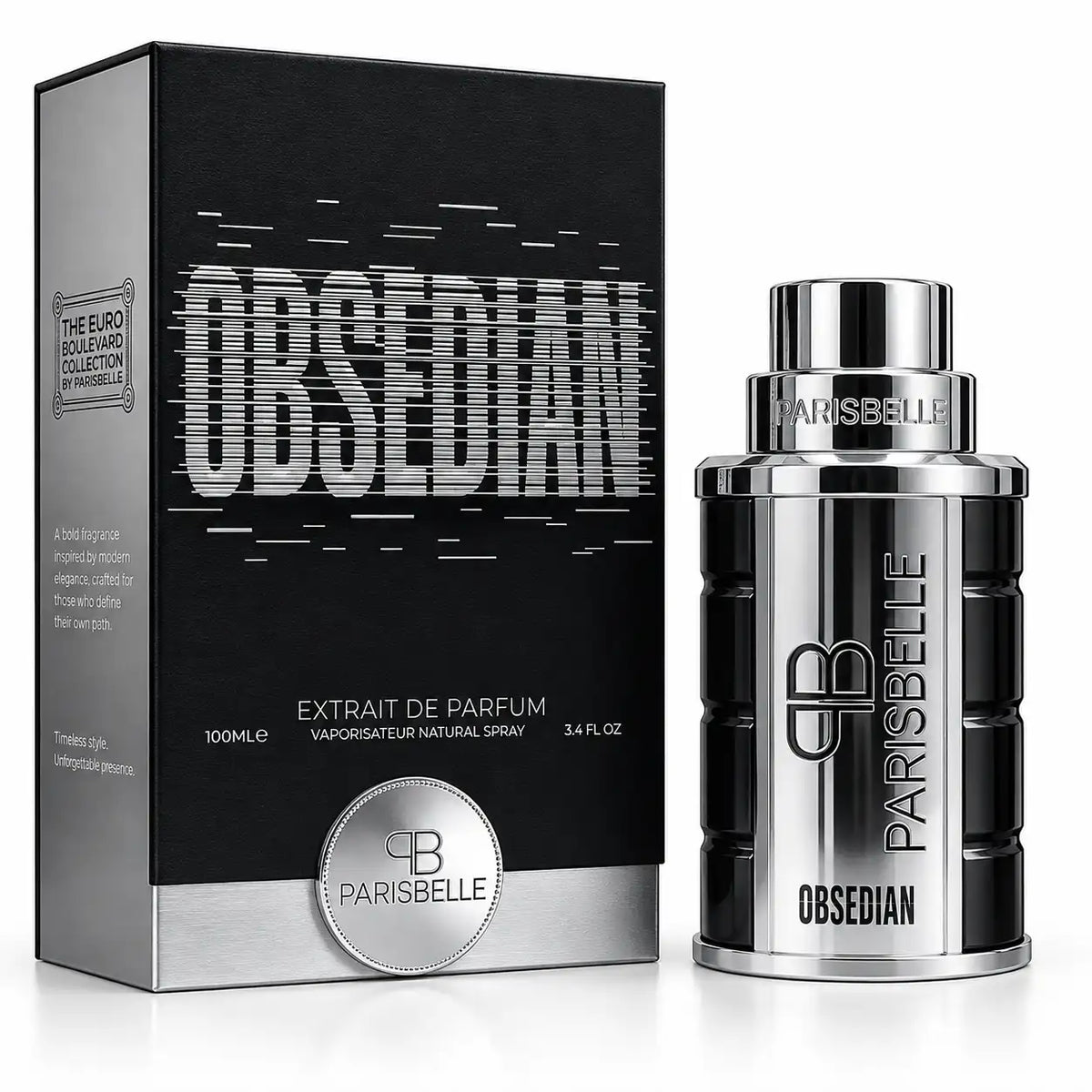 Parisbelle Obsedian perfume 100ml black chrome designer bottle