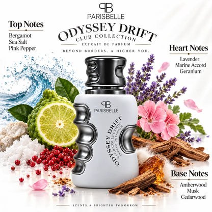 Odyssey Drift 100ml grey perfume bottle with gunmetal detailing