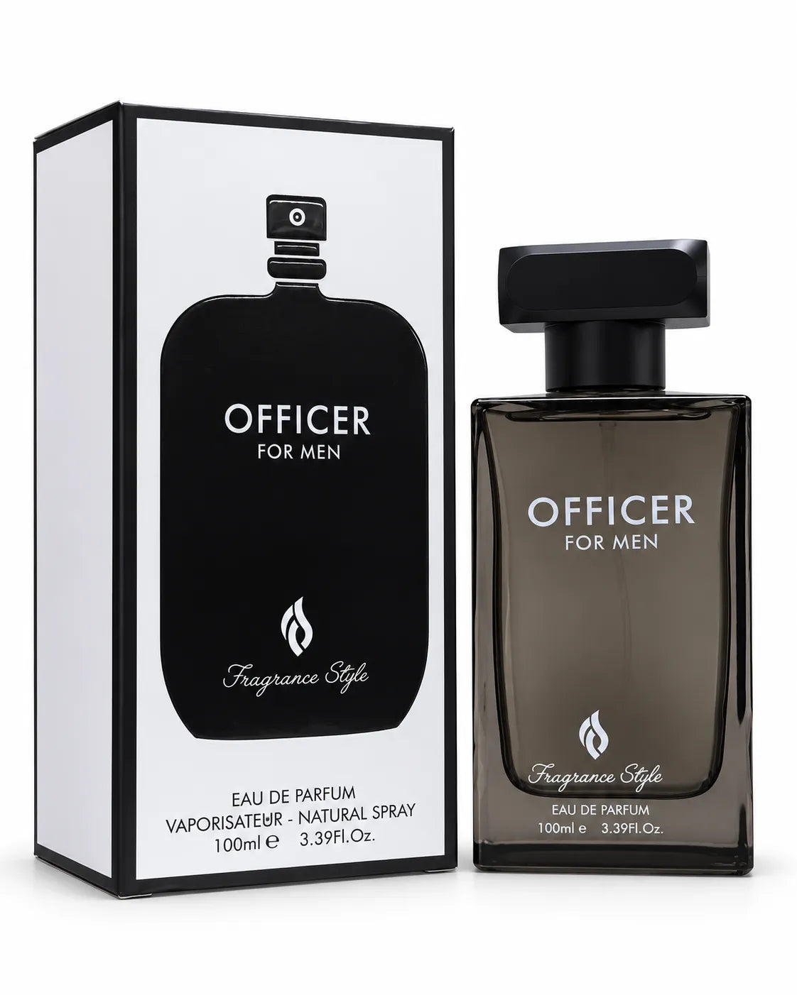 Fragrance Style Officer For Men 100ml black perfume bottle with white branding