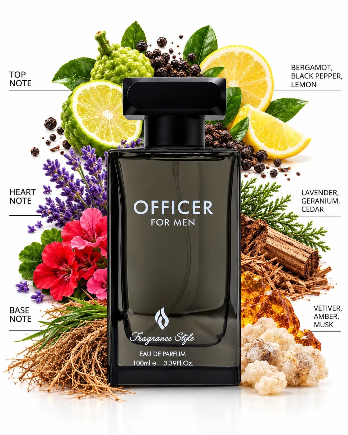 Officer For Men 100ml Eau de Parfum dark smoky glass bottle with black rectangular cap