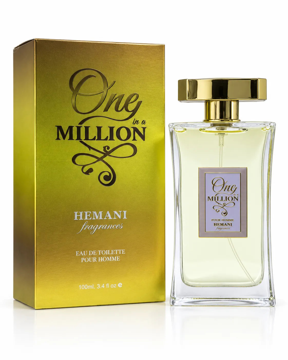 Hemani One in a Million Pour Homme perfume with gold cap on white background
