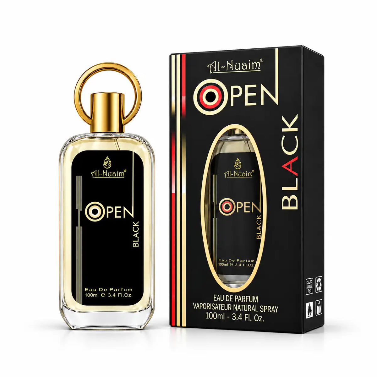 Al-Nuaim Open Black 100ml perfume bottle on white background