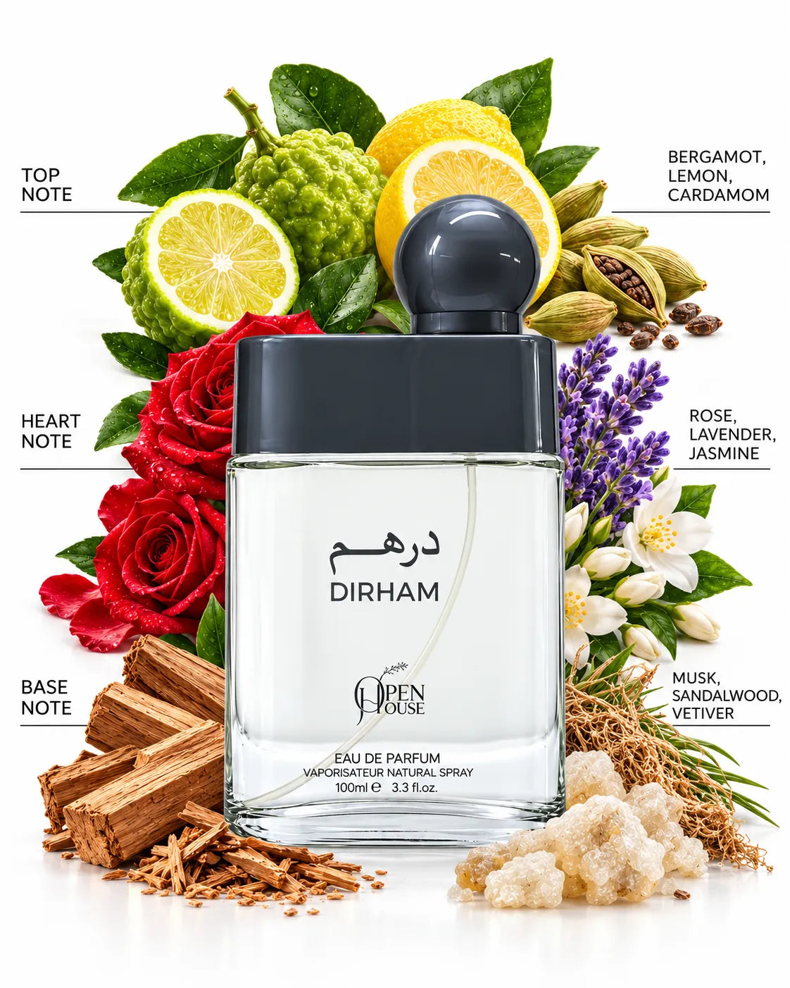 Open House Dirham perfume 100ml with Arabic and English bottle lettering