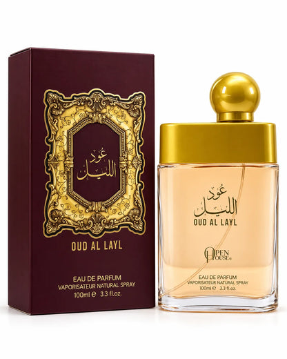 Oud Al Layl 100ml oriental perfume glass bottle with Arabic lettering on white background