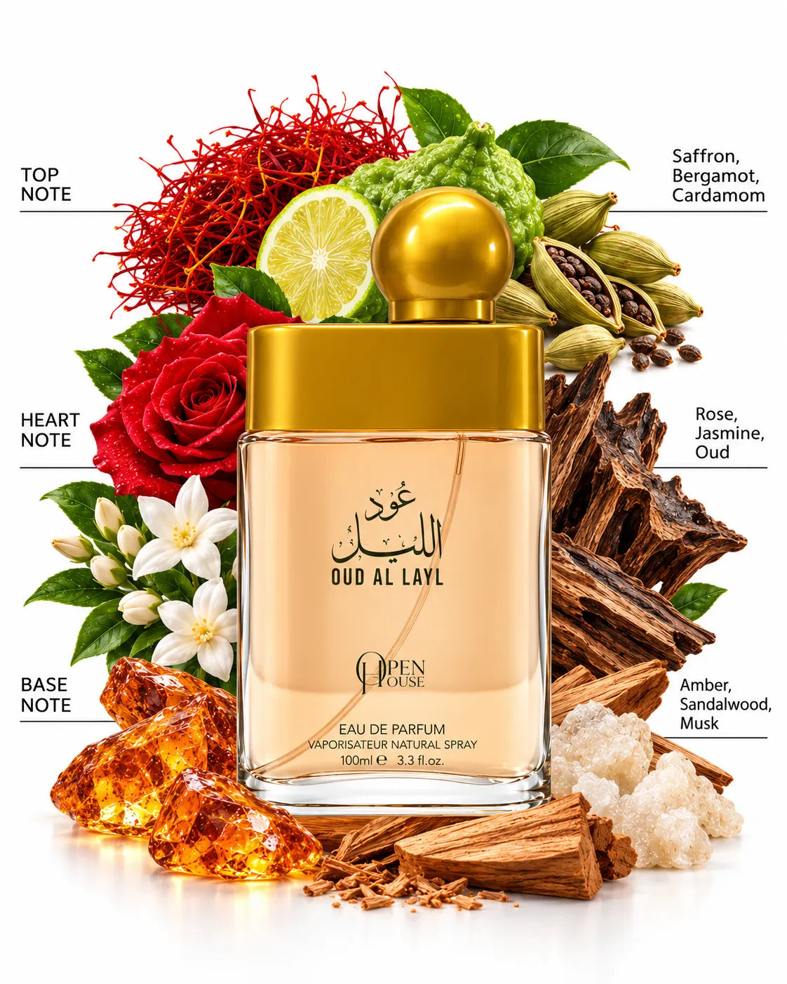 Oud Al Layl 100ml Open House Eau de Parfum amber-peach bottle with golden cap