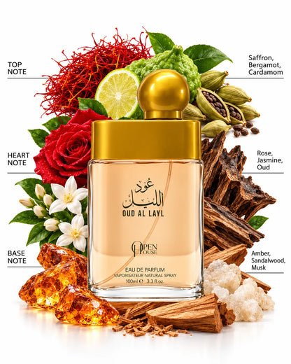 Oud Al Layl 100ml Open House Eau de Parfum amber-peach bottle with golden cap