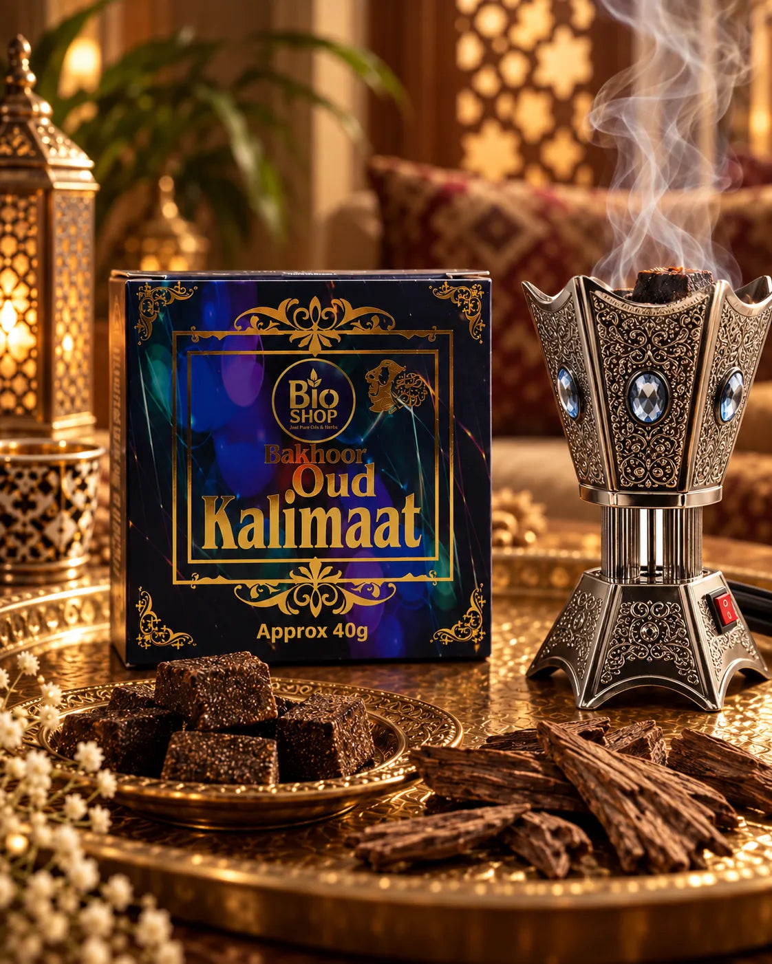 Oud Kalimaat bakhoor box with Arabic gold design and premium packaging