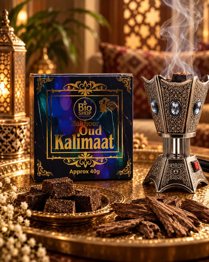 Oud Kalimaat bakhoor box with Arabic gold design and premium packaging