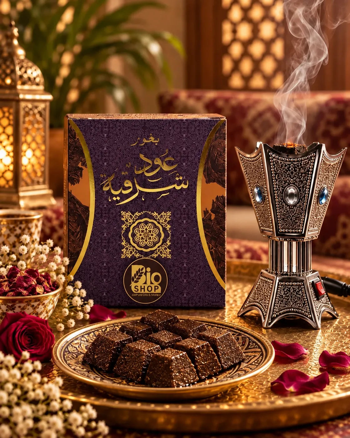 Oud Sharqia purple and gold bakhoor box on white background