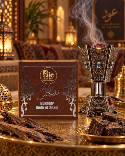 Oudh Al Sham brown and silver bakhoor box with Bio Shop branding