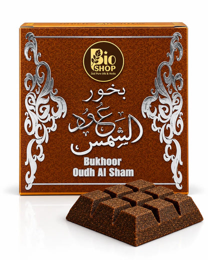 Bio Shop Oudh Al Sham Bakhoor 40g brown box with incense blocks
Oudh Al Sham premium oud bakhoor 40g for home fragrance