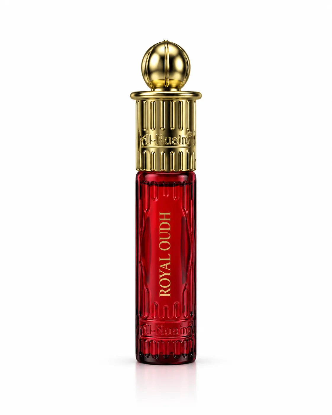 Al-Nuaim Royal Oudh 6ml roll-on perfume oil in a brown wood-grain-effect box with an oval display window and 0% alcohol label.