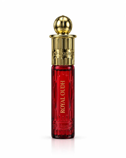 Al-Nuaim Royal Oudh 6ml roll-on perfume oil in a brown wood-grain-effect box with an oval display window and 0% alcohol label.
