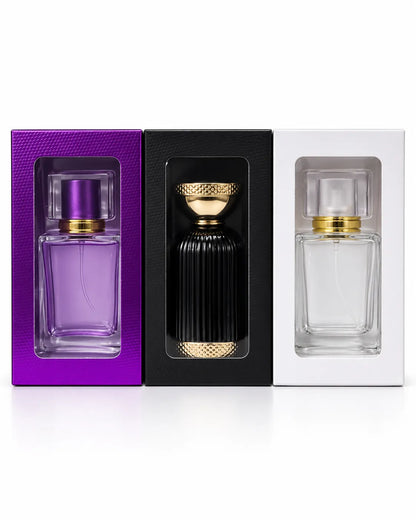 Purple perfume window box with transparent front display for perfume bottle packaging available in black purple and white at Bio Shop Pakistan