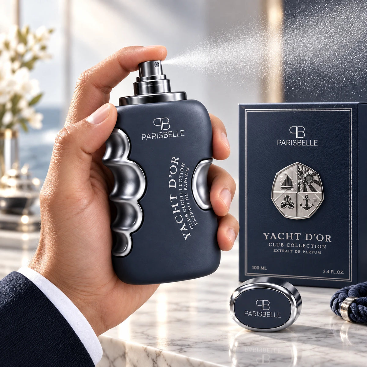 Yacht D’Or 100ml navy perfume bottle with metallic detailing