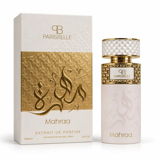Parisbelle Mahraa Extrait de Parfum 100ml ivory and gold perfume bottle