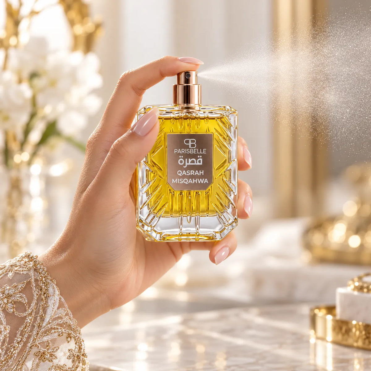 Parisbelle Qasrah Misqahwa 100ml perfume bottle with golden-yellow liquid and a clear geometric cap
