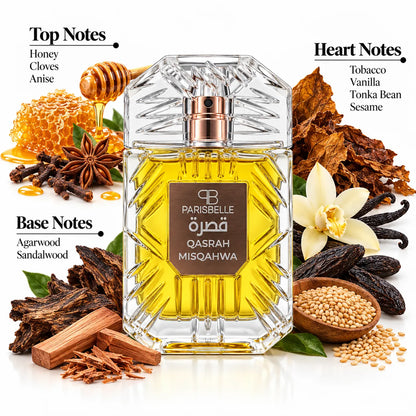 Parisbelle Qasrah Misqahwa 100ml bottle and matching presentation box on a white background