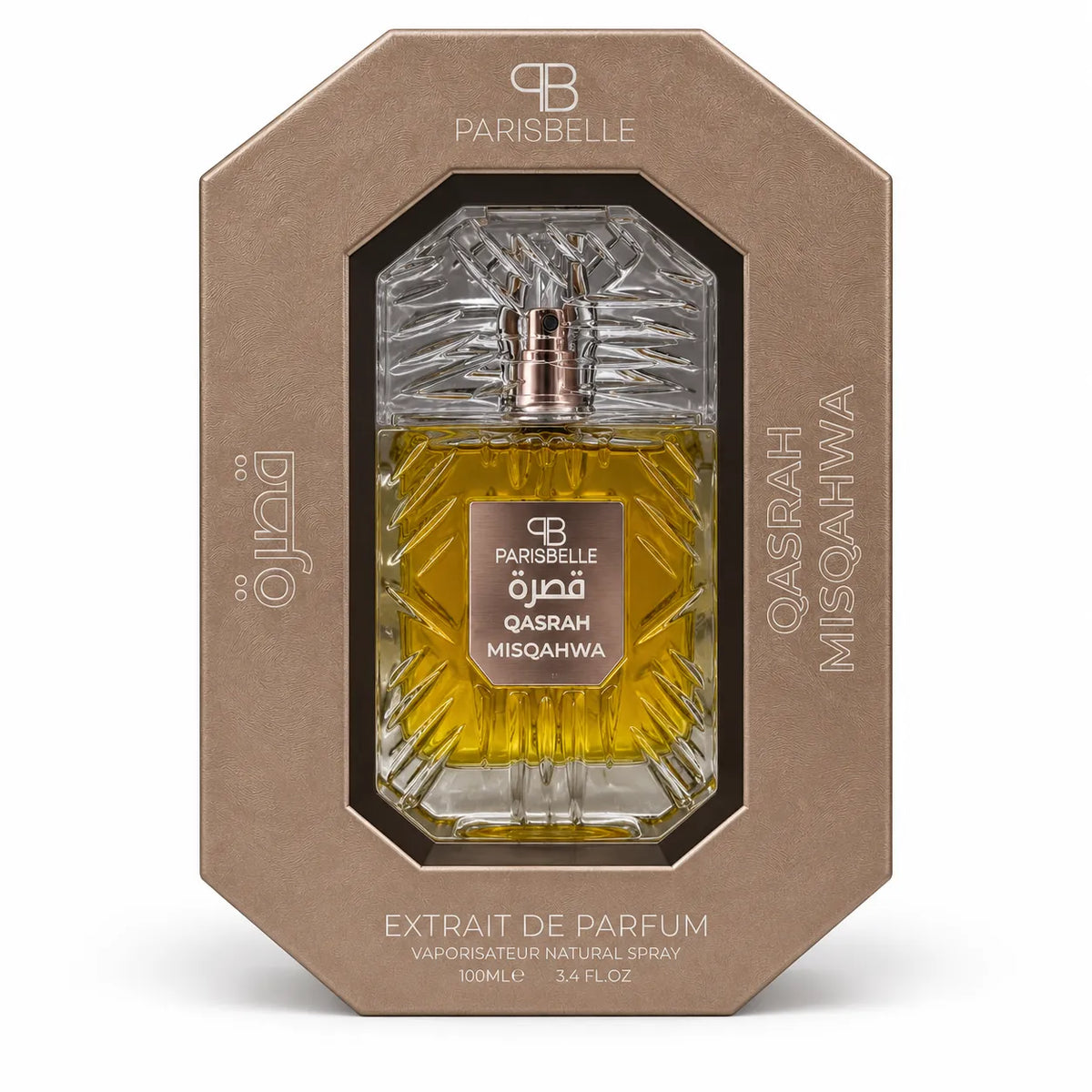 Parisbelle Qasrah Misqahwa perfume resting in a light-coloured insert inside its open presentation box