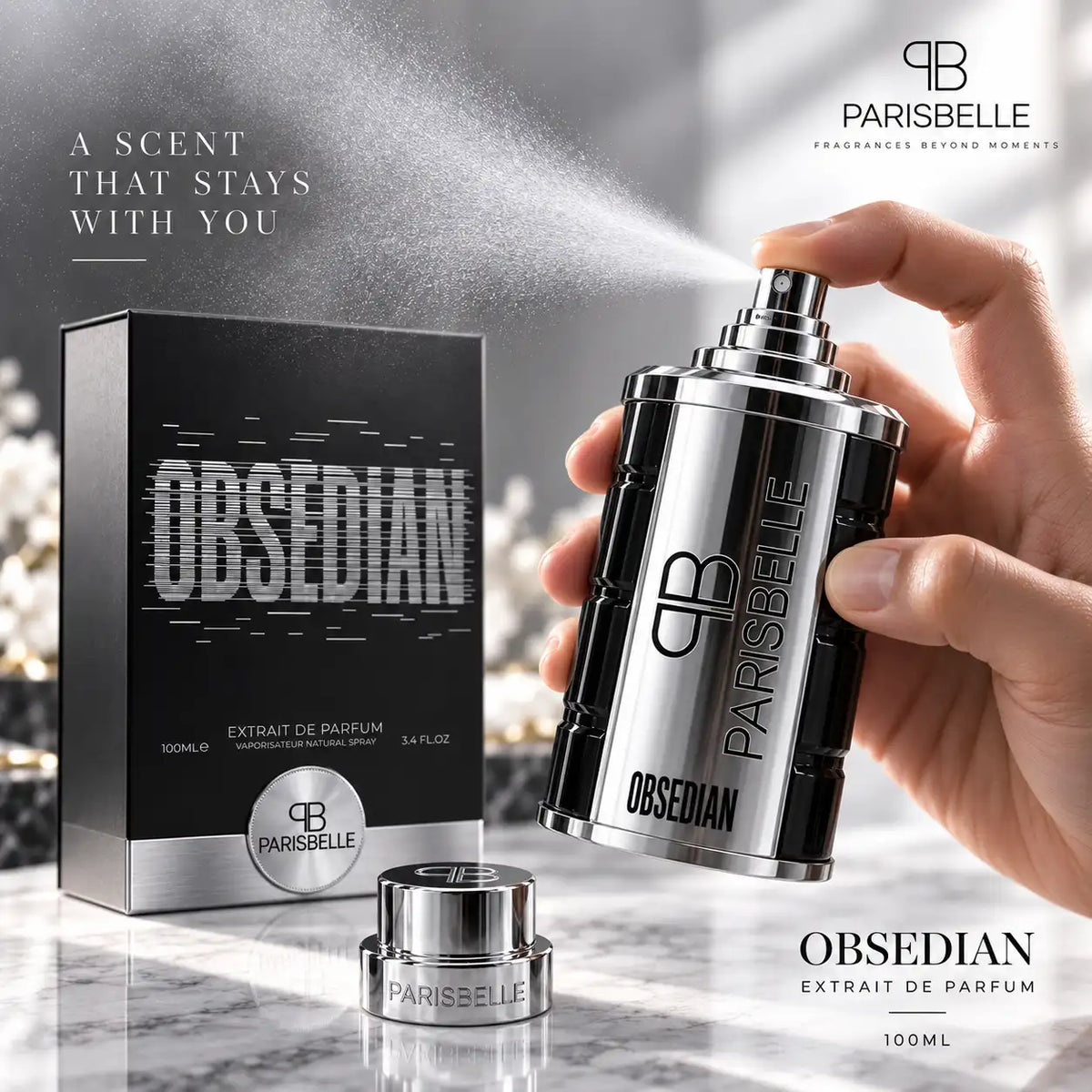 Parisbelle Obsedian Extrait de Parfum 100ml black and silver perfume bottle