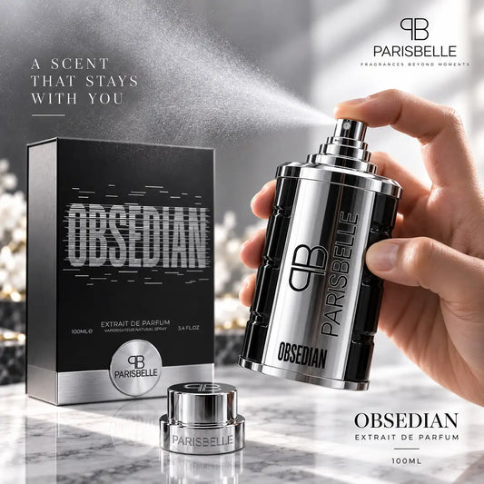 Parisbelle Obsedian Extrait de Parfum 100ml black and silver perfume bottle