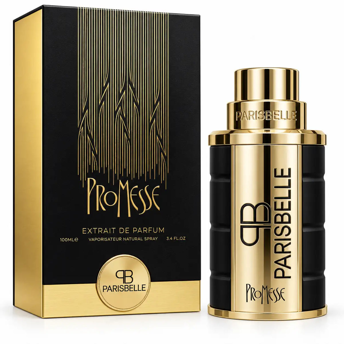 Parisbelle Promesse Extrait de Parfum 100ml black and gold perfume bottle