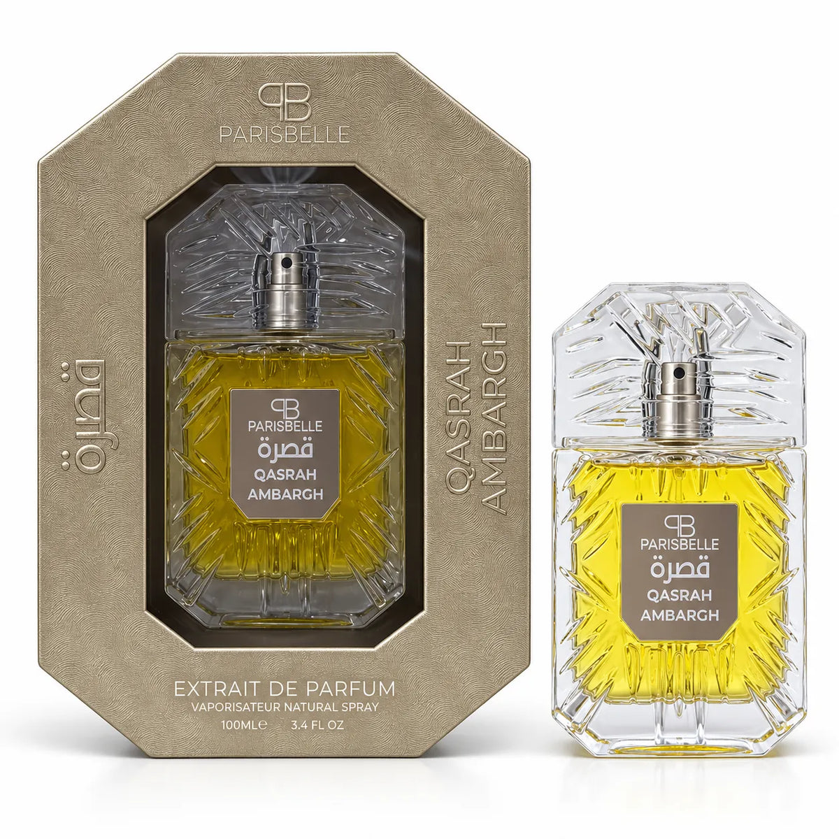 Parisbelle Qasrah Ambargh 100ml perfume inside a gold-toned window presentation box