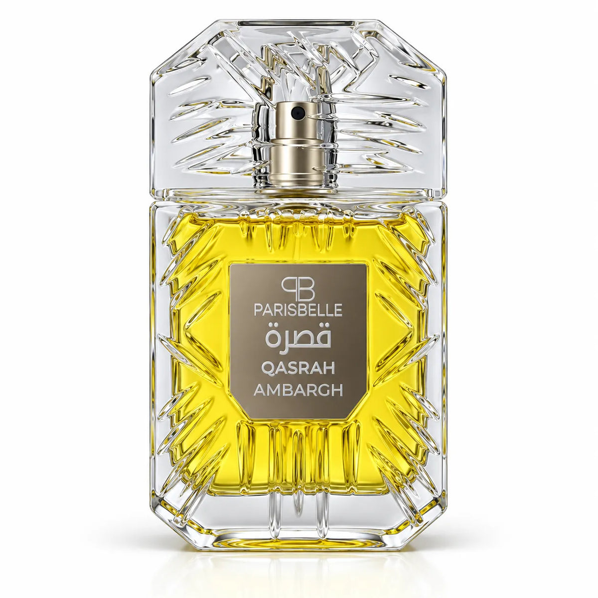 Parisbelle Qasrah Ambargh perfume packaging with vertical fragrance lettering beside the bottle window