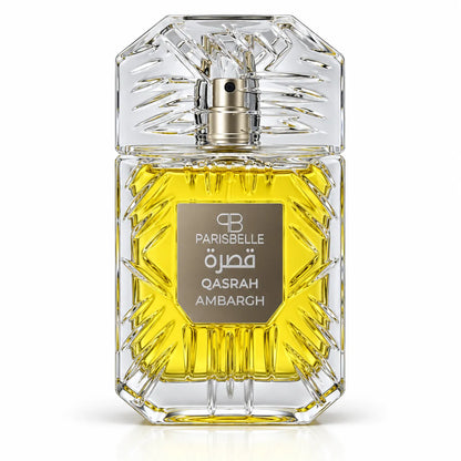 Parisbelle Qasrah Ambargh perfume packaging with vertical fragrance lettering beside the bottle window