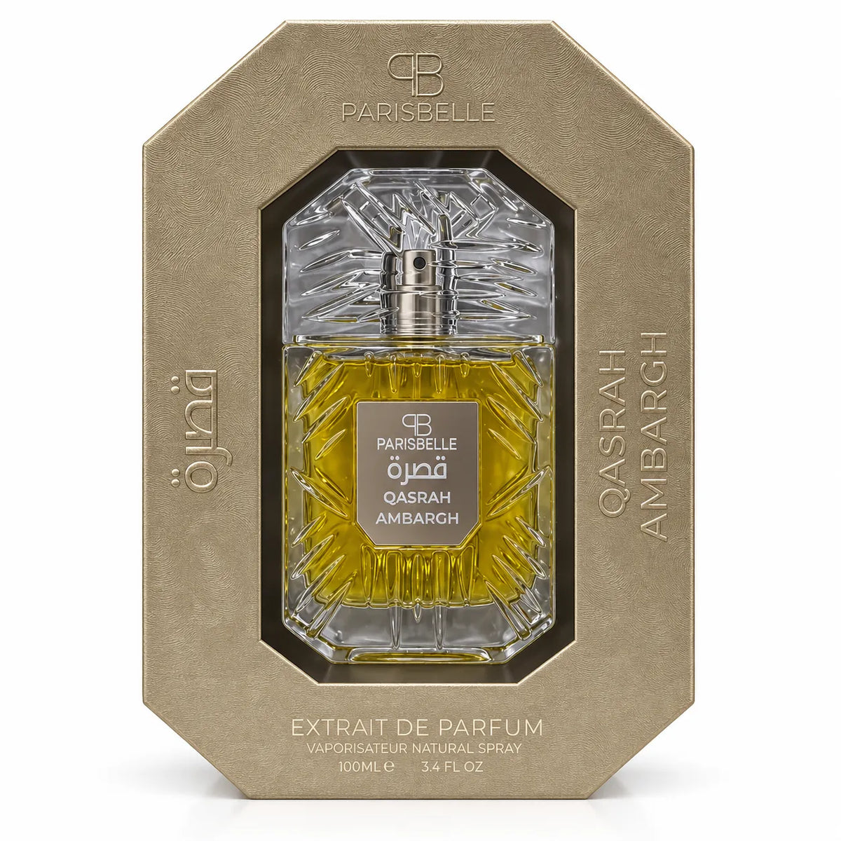 Parisbelle Ambargh 100ml perfume in a windowed box with a finely textured gold-toned finish