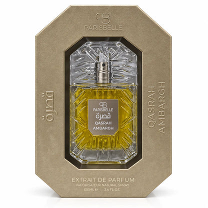 Parisbelle Ambargh 100ml perfume in a windowed box with a finely textured gold-toned finish