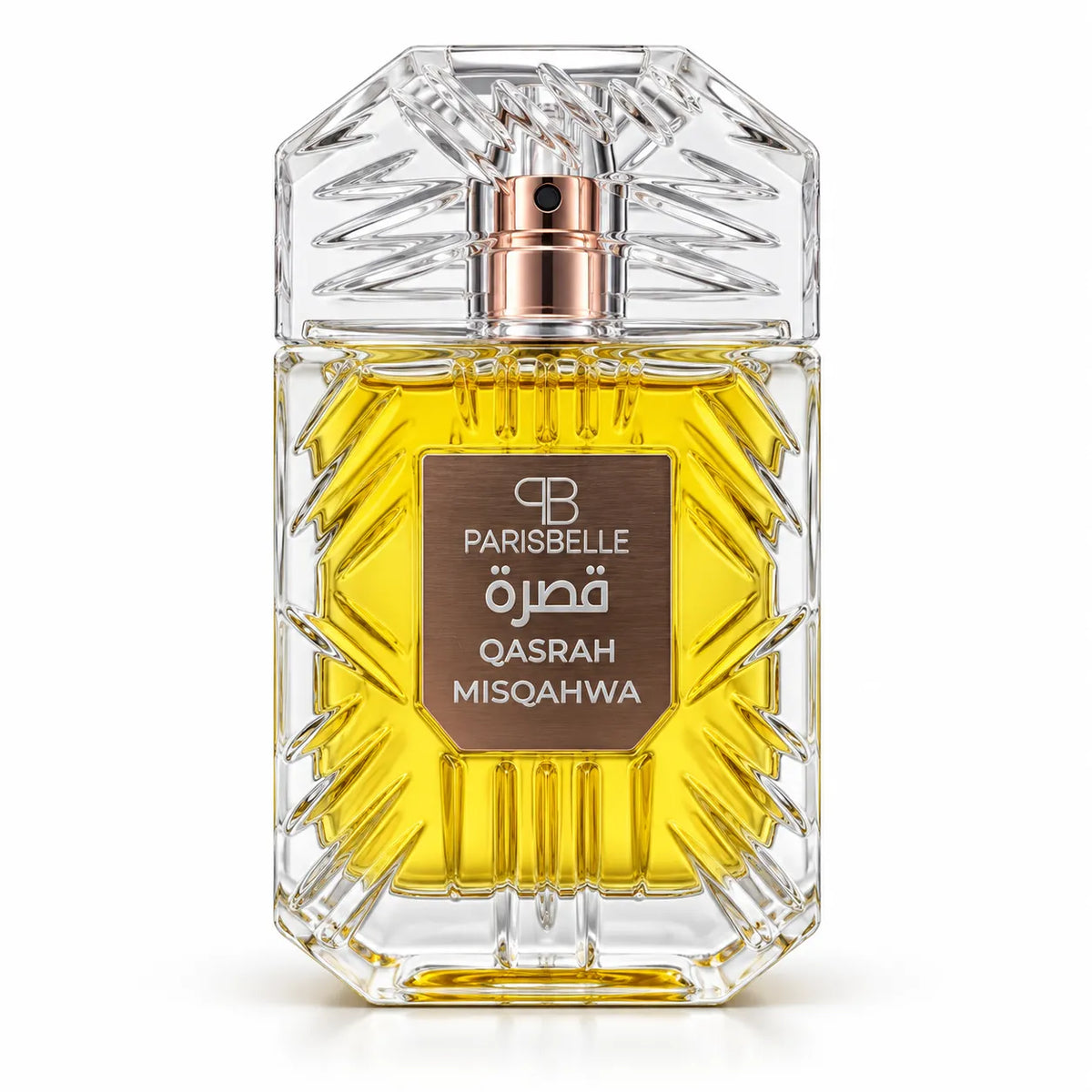Parisbelle Qasrah Misqahwa Extrait de Parfum 100ml in a textured bronze-taupe window presentation box